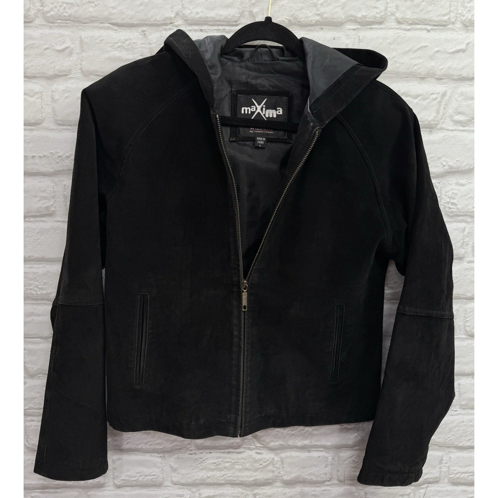 Vtg Maxima Wilsons Black Suede Leather Bomber Jacket With Hood Woman's Large Y2K